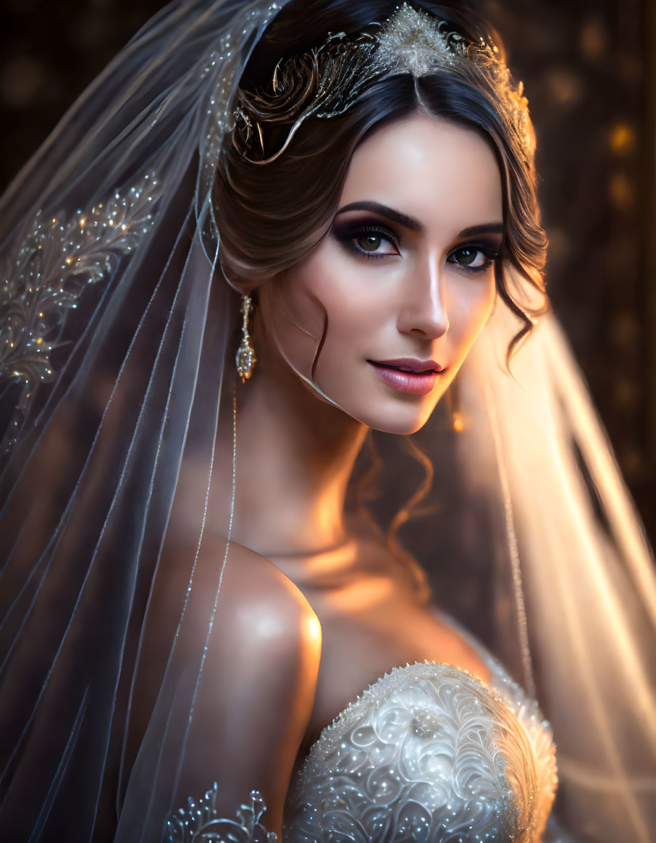 Translucent Veil, Tiara, and Embellished Gown Bride Portrait
