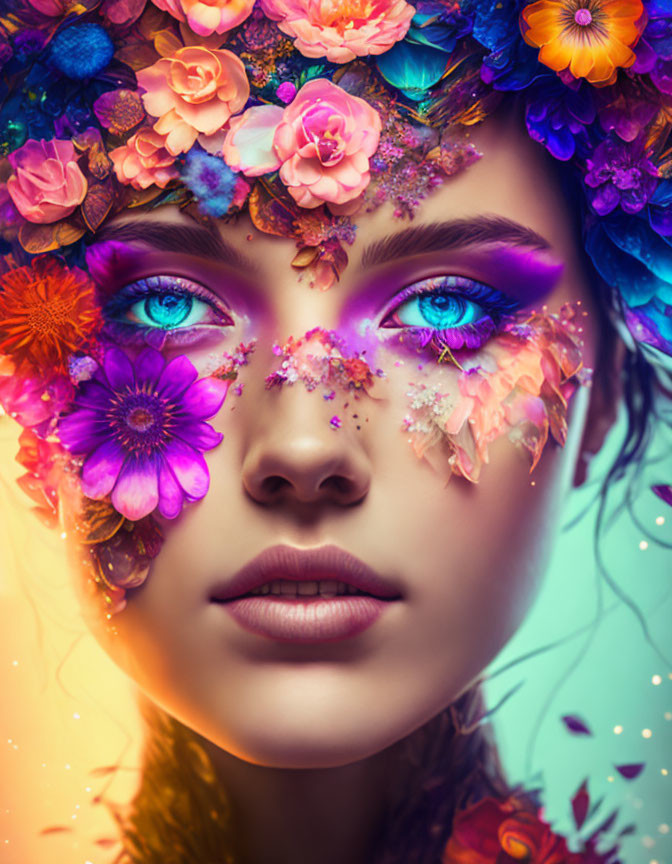 Woman's Face with Colorful Flowers and Butterfly Wing Makeup on Soft Blue Background