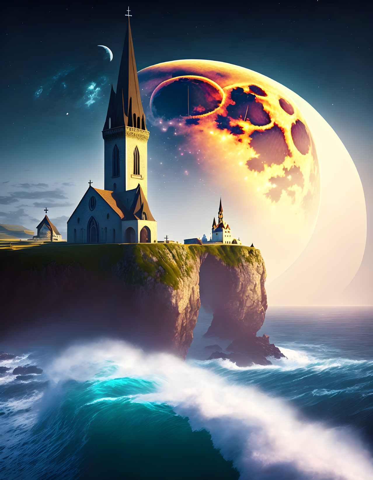 Surreal landscape featuring church on cliff, sea view, and fantasy moon.