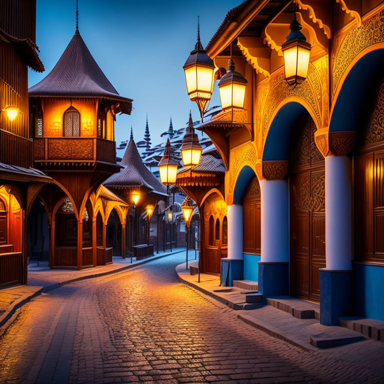 Traditional Middle Eastern Street with Ornate Arches and Lanterns