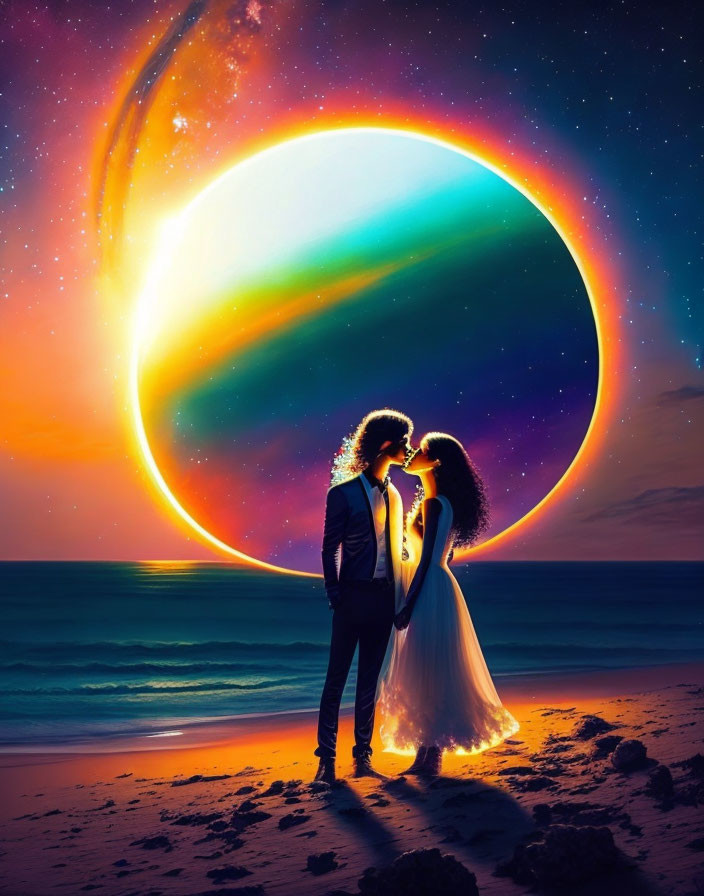 Romantic beach twilight scene with surreal colorful planet