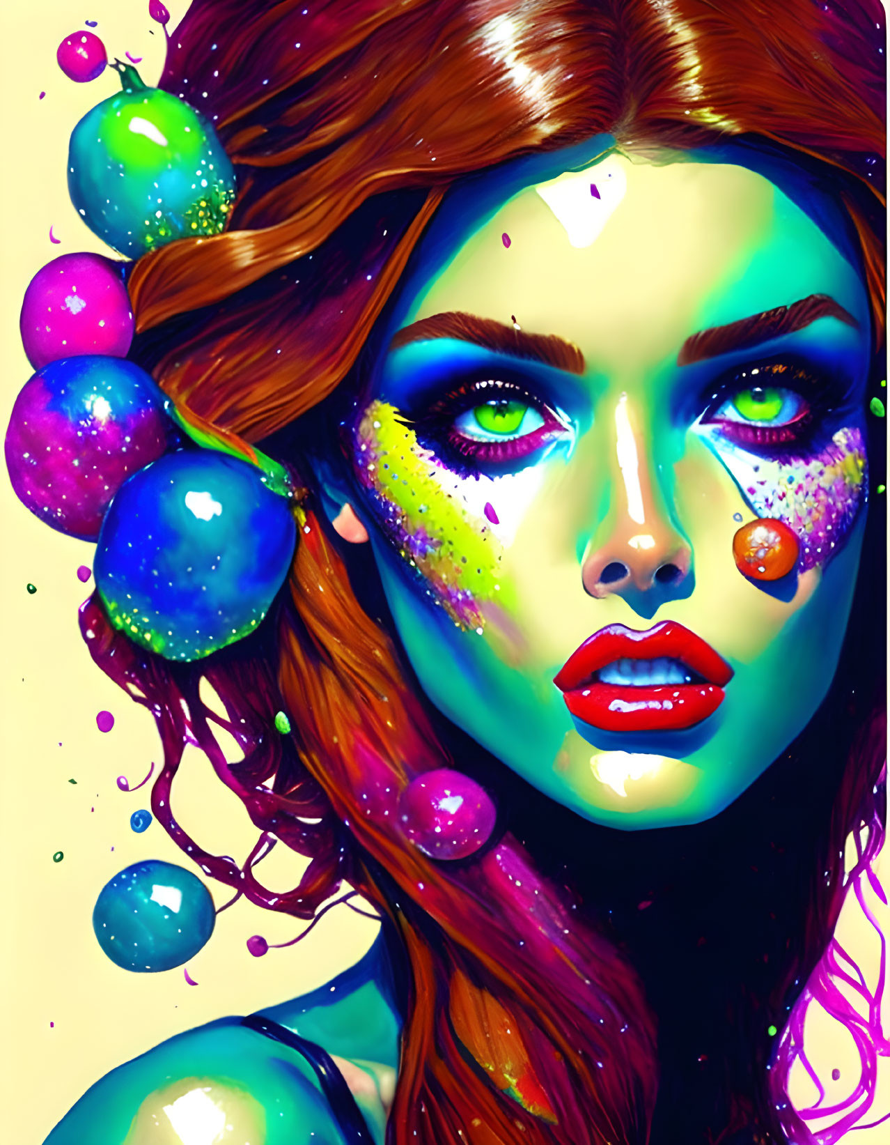 Colorful makeup and glossy bubbles in vibrant digital art