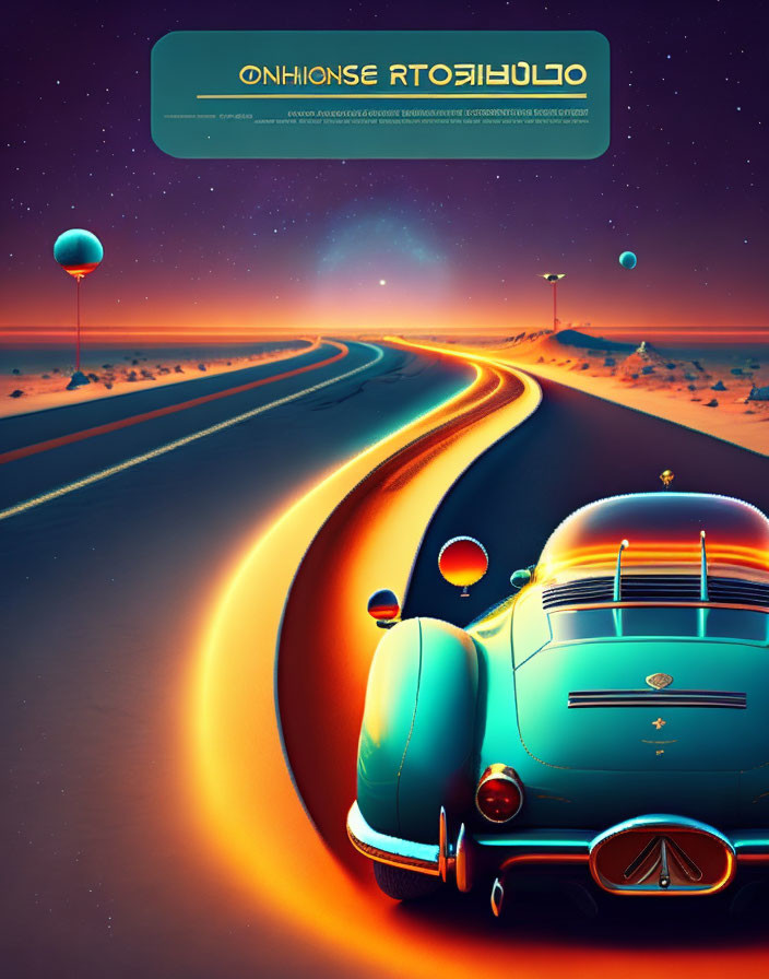 Retro-futuristic classic car on glowing desert road at twilight