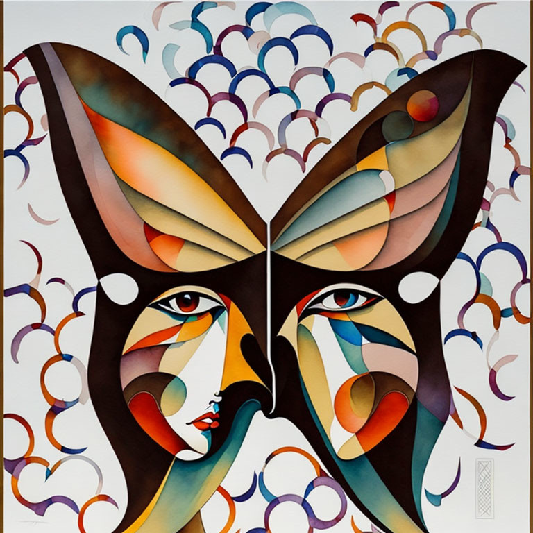 Symmetrical abstract painting with butterfly motif and stylized female face in warm and cool tones