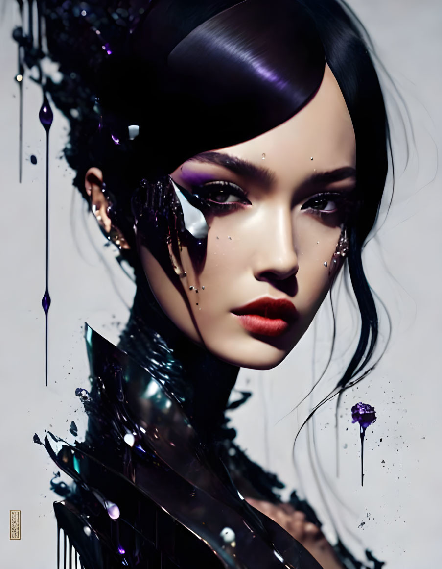 Futuristic female portrait with black crystalline accessory and suspended droplets