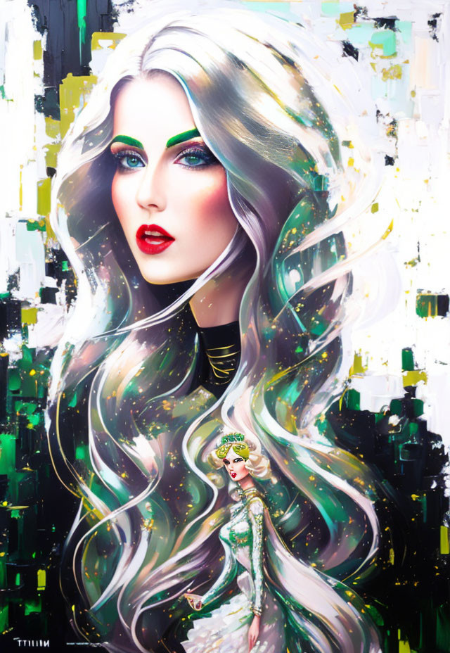 Digital painting of woman with grey hair, green eyes, gold jewelry, abstract green and black backdrop