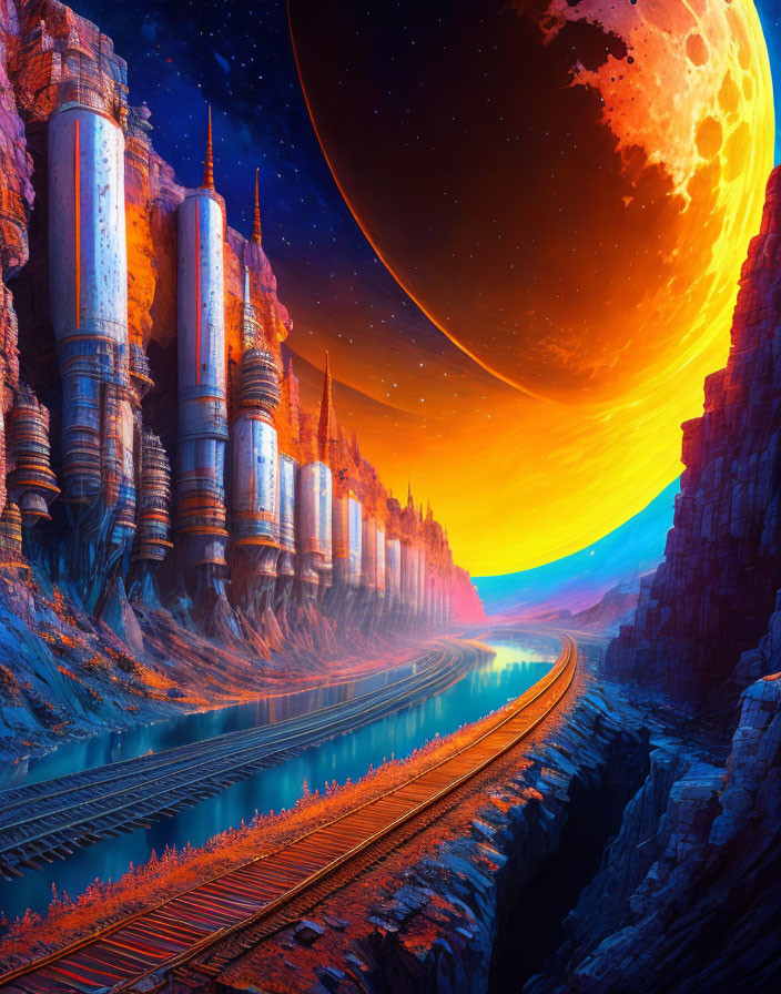 Futuristic landscape with towering structures and railway track under large planet at sunset