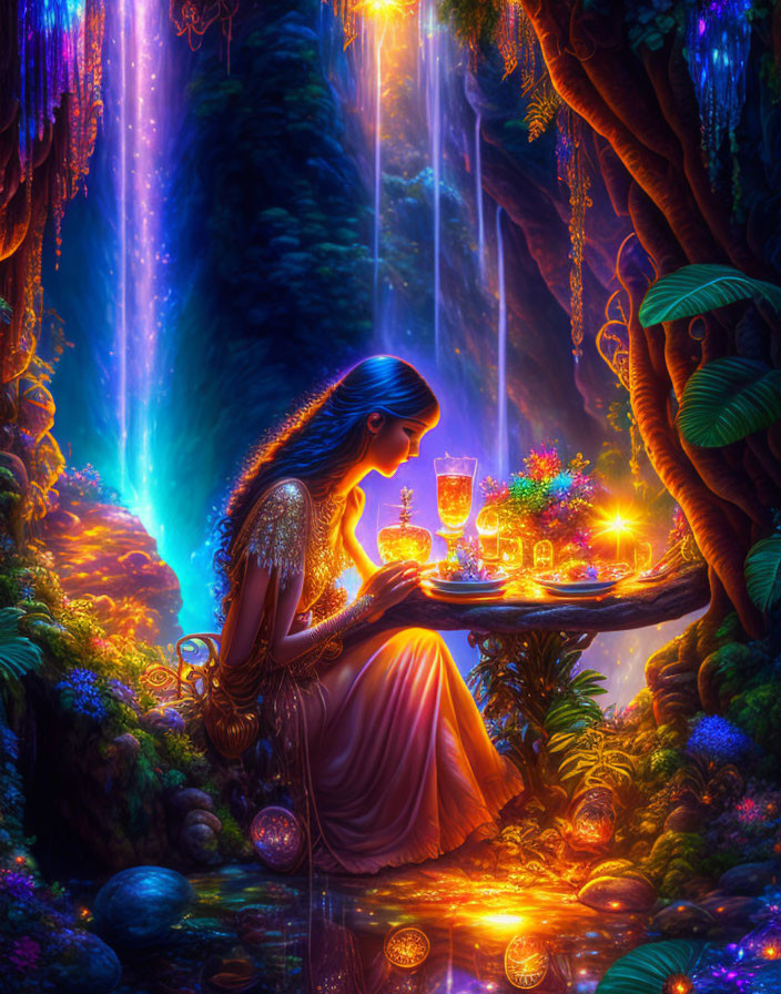 Woman in flowing dress by luminescent waterfall in mystical forest