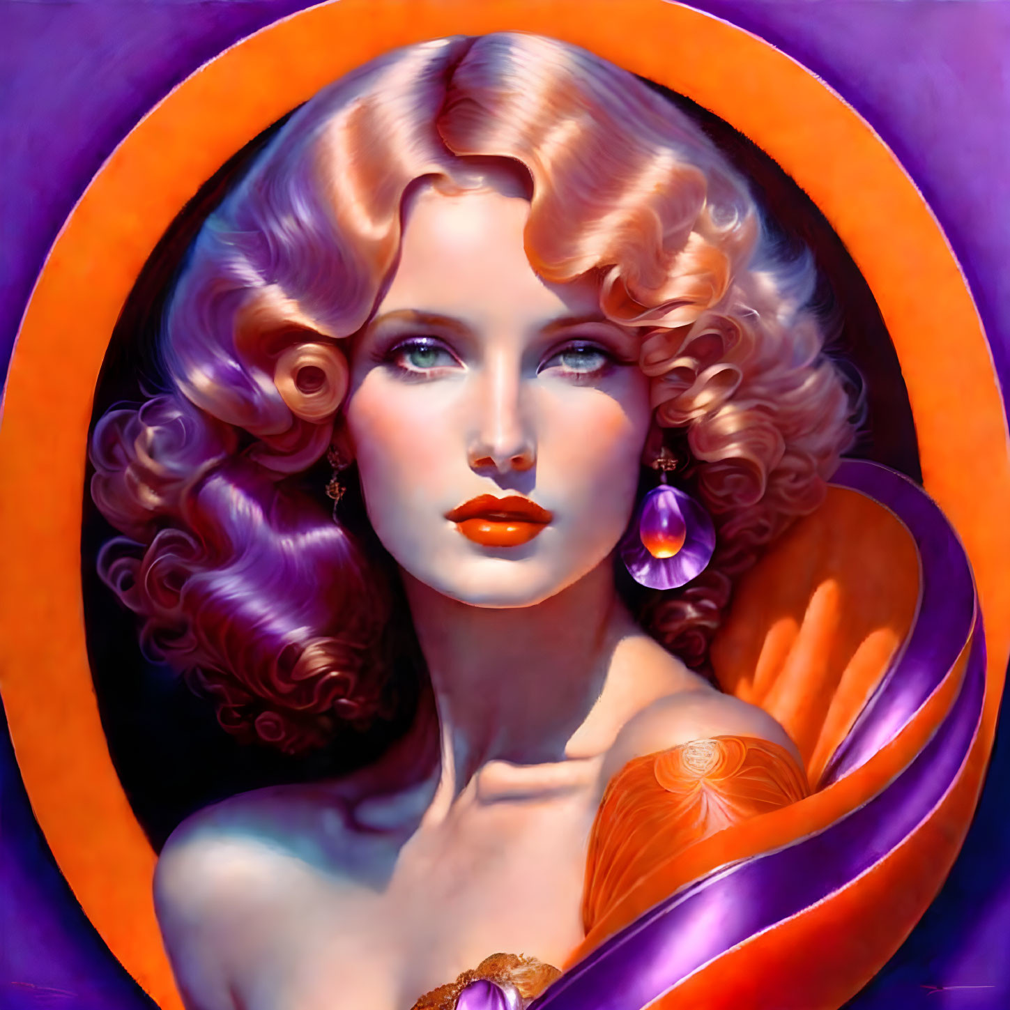 Colorful portrait of a woman with golden curls and blue eyes on purple-orange backdrop