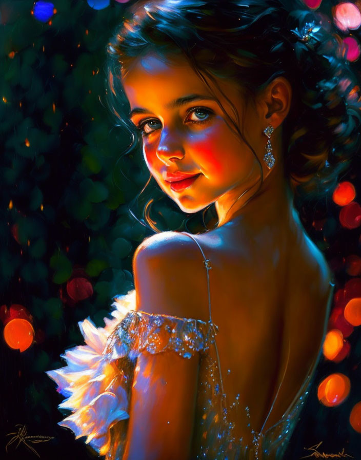 Vibrant digital artwork: young girl with ethereal glow and bokeh light effects