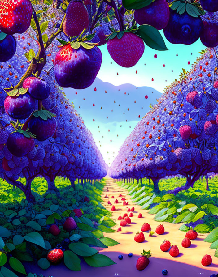 Colorful Fantasy Fruit Orchard with Oversized Berries under Clear Sky