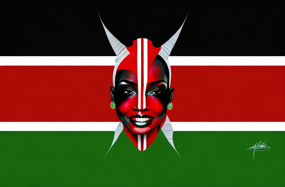 Illustration of face with white horns and face paint on Kenyan flag
