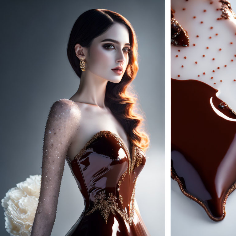 Elegant woman in glossy brown dress with sparkles next to dripping chocolate