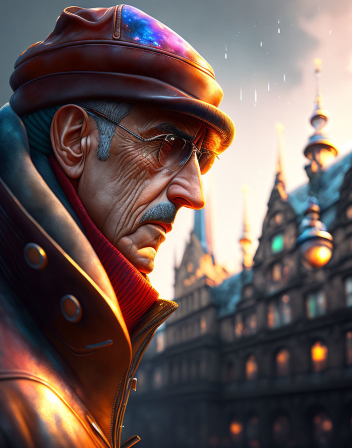 Digital portrait of older man in glasses with leather cap and coat, futuristic castle backdrop