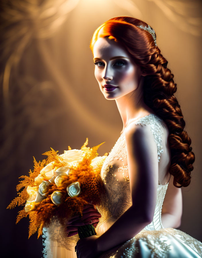 Red-haired bride with tiara and bouquet against warm backdrop