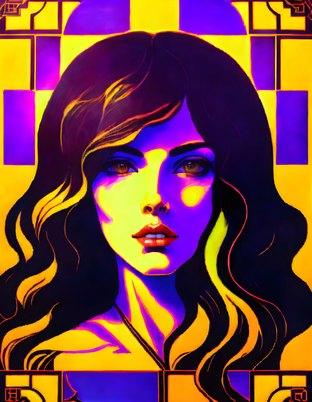 Colorful digital portrait of woman with wavy hair on geometric yellow and purple backdrop