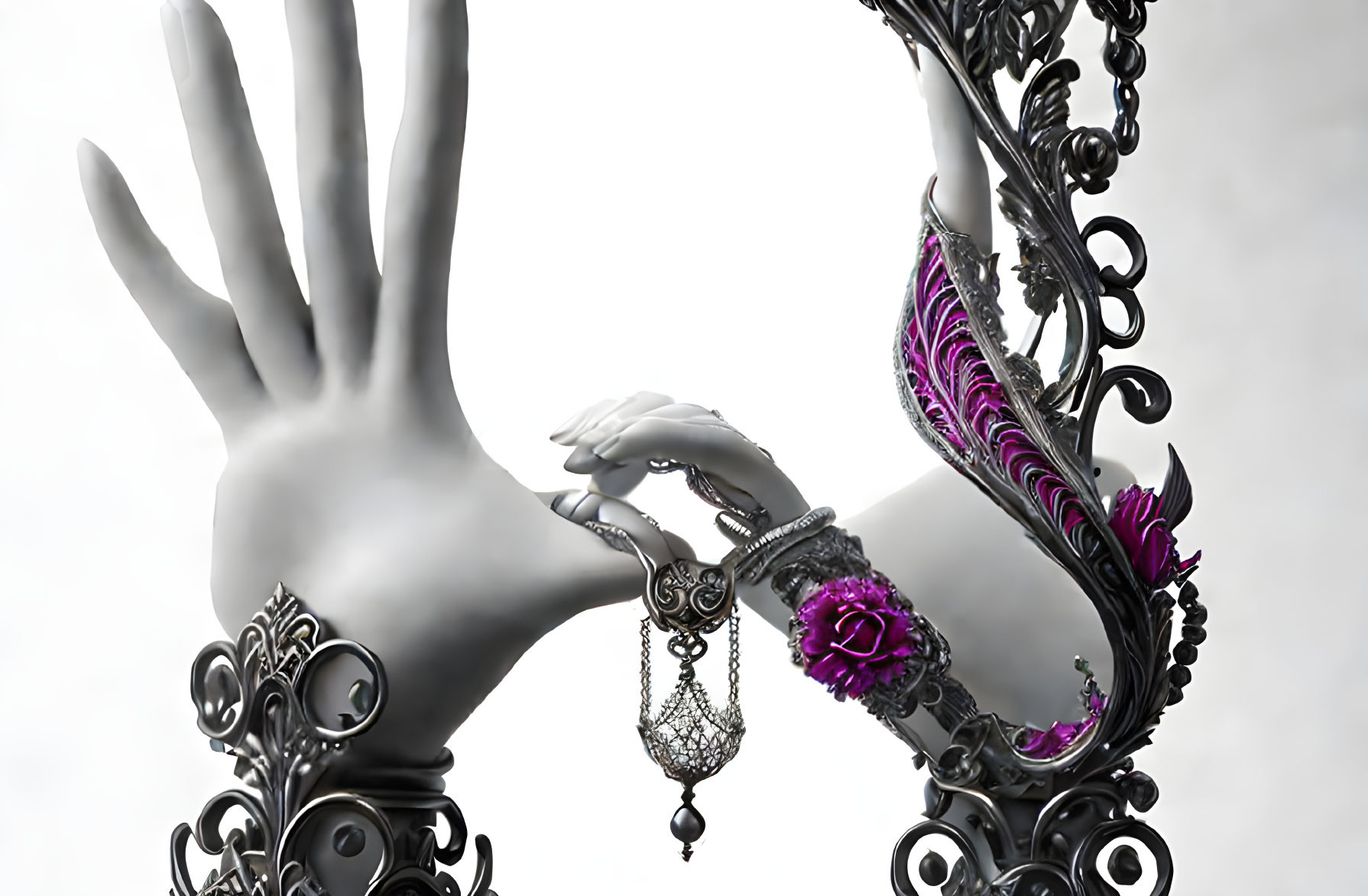Baroque-style cuffs connecting two hands with a purple rose