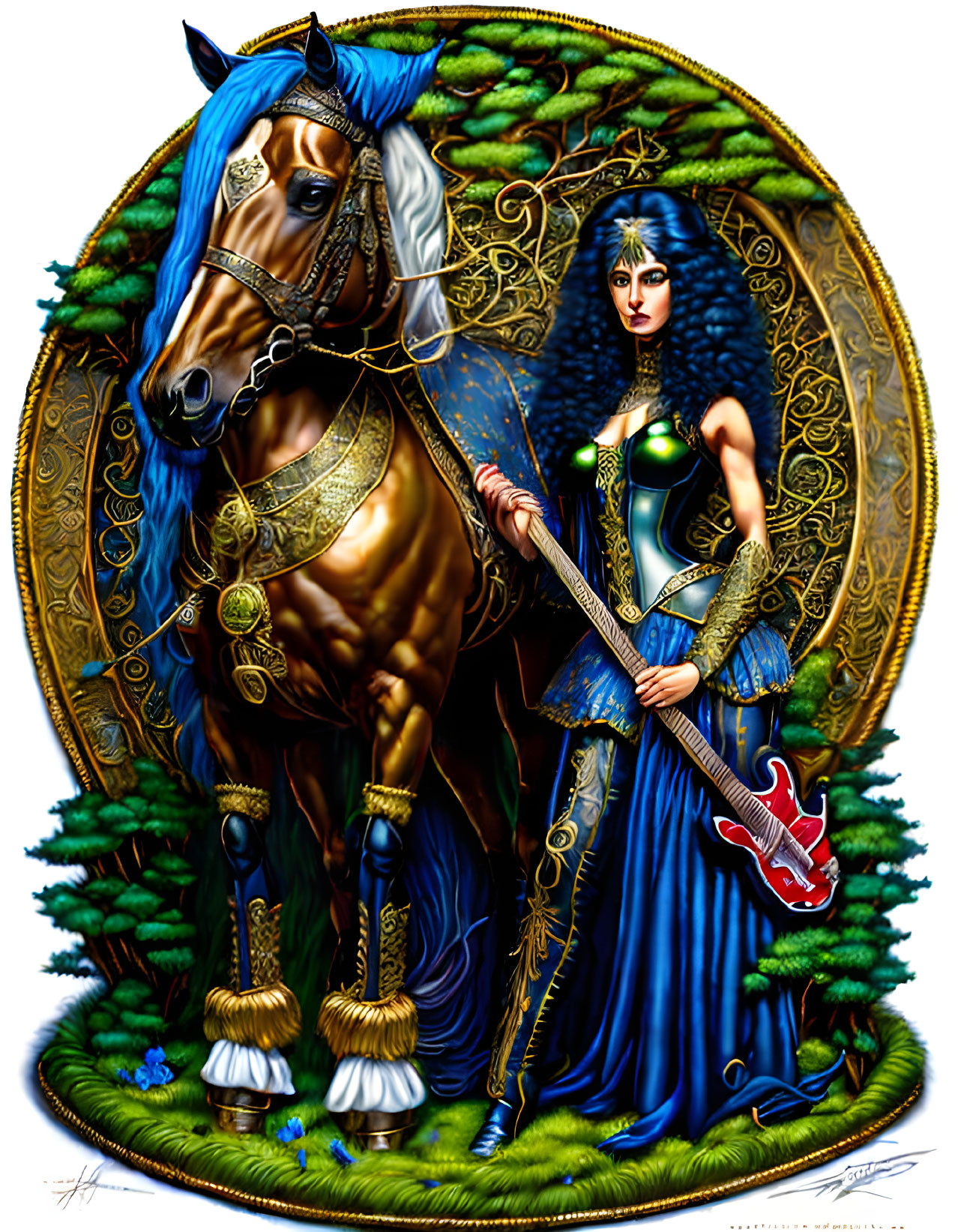 Fantasy illustration: Woman in blue medieval attire with guitar next to majestic horse in ornate tack and