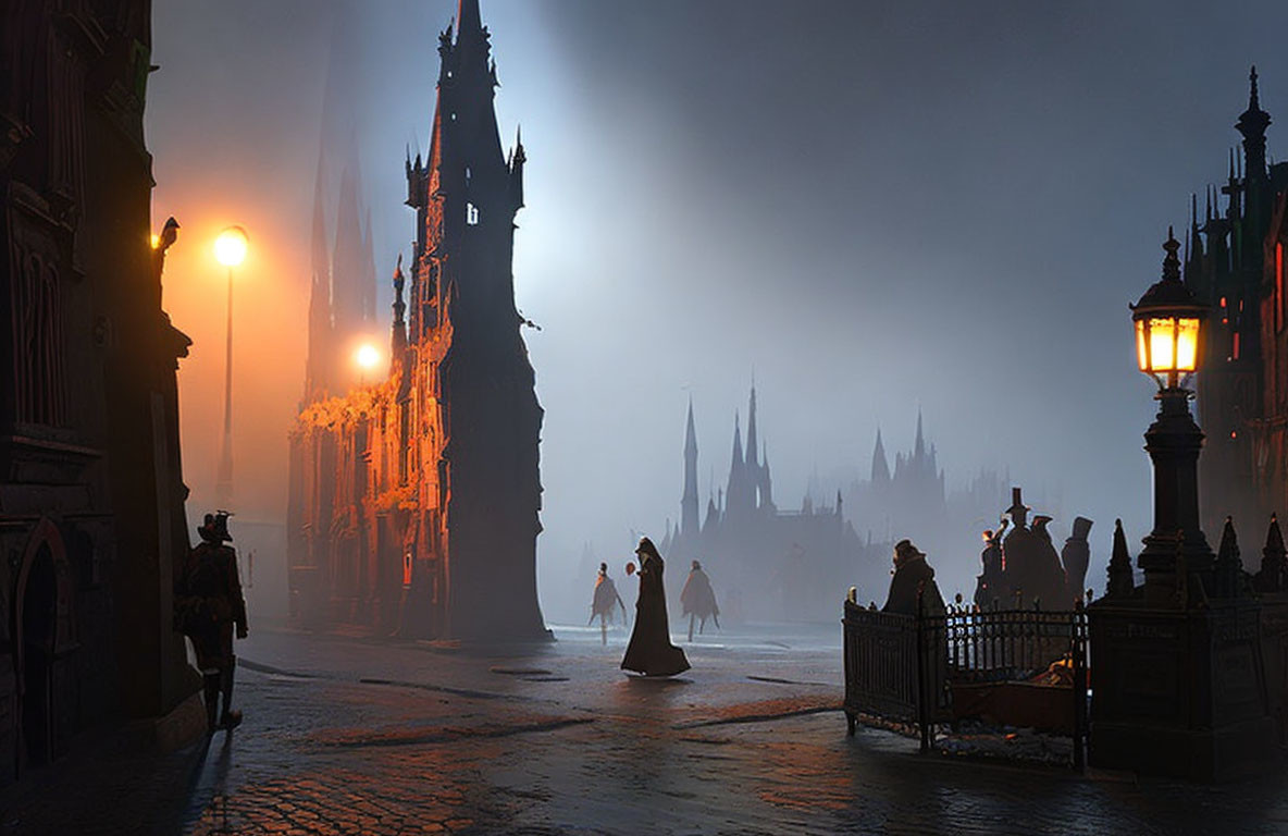 Gothic architecture and glowing streetlamps in foggy historic night scene