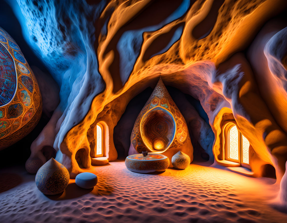 Fantastical cave with glowing orbs and intricate patterns