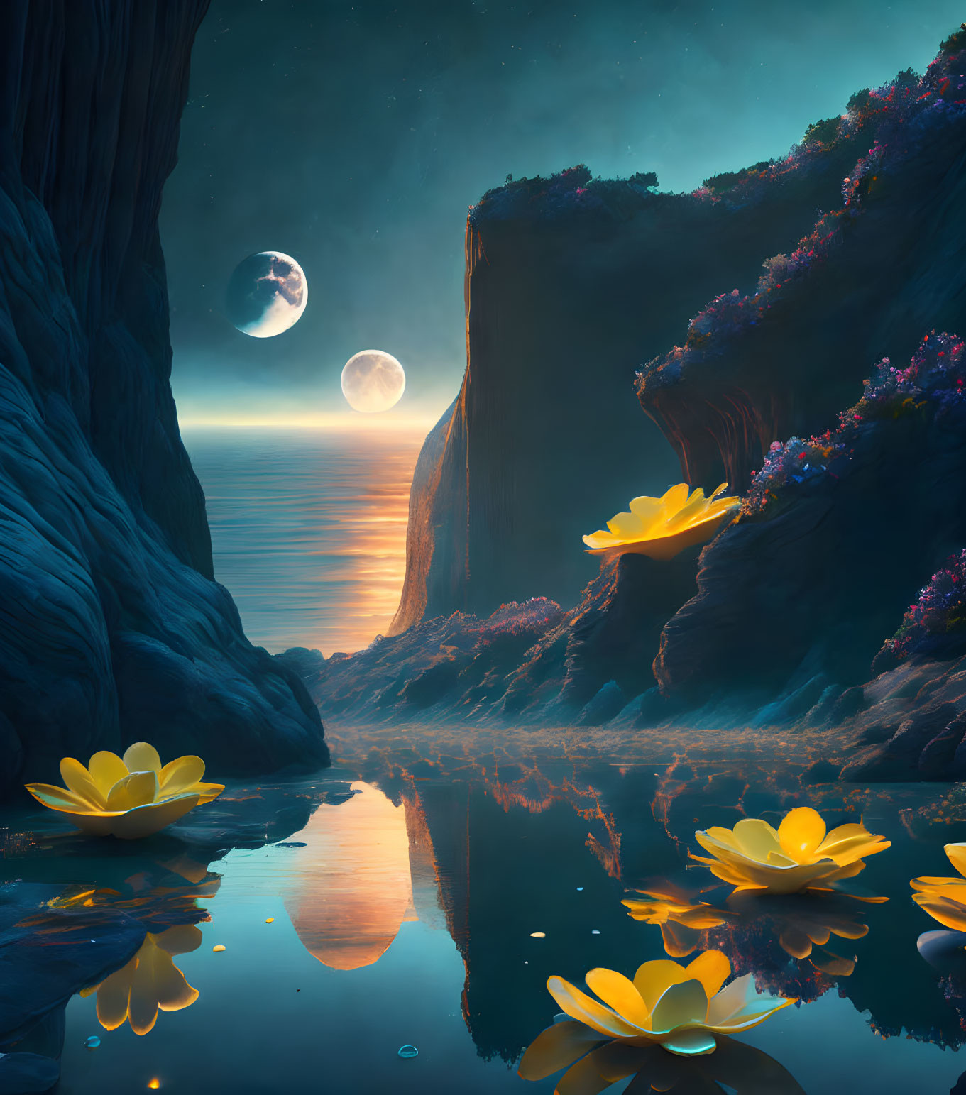 Nighttime Seascape with Cliff, Reflecting Water, Glowing Flowers, Dual-Moon Sky