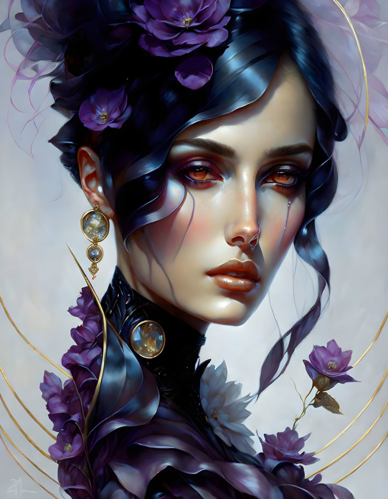 Woman portrait with blue and purple floral hair accents and red eye makeup.