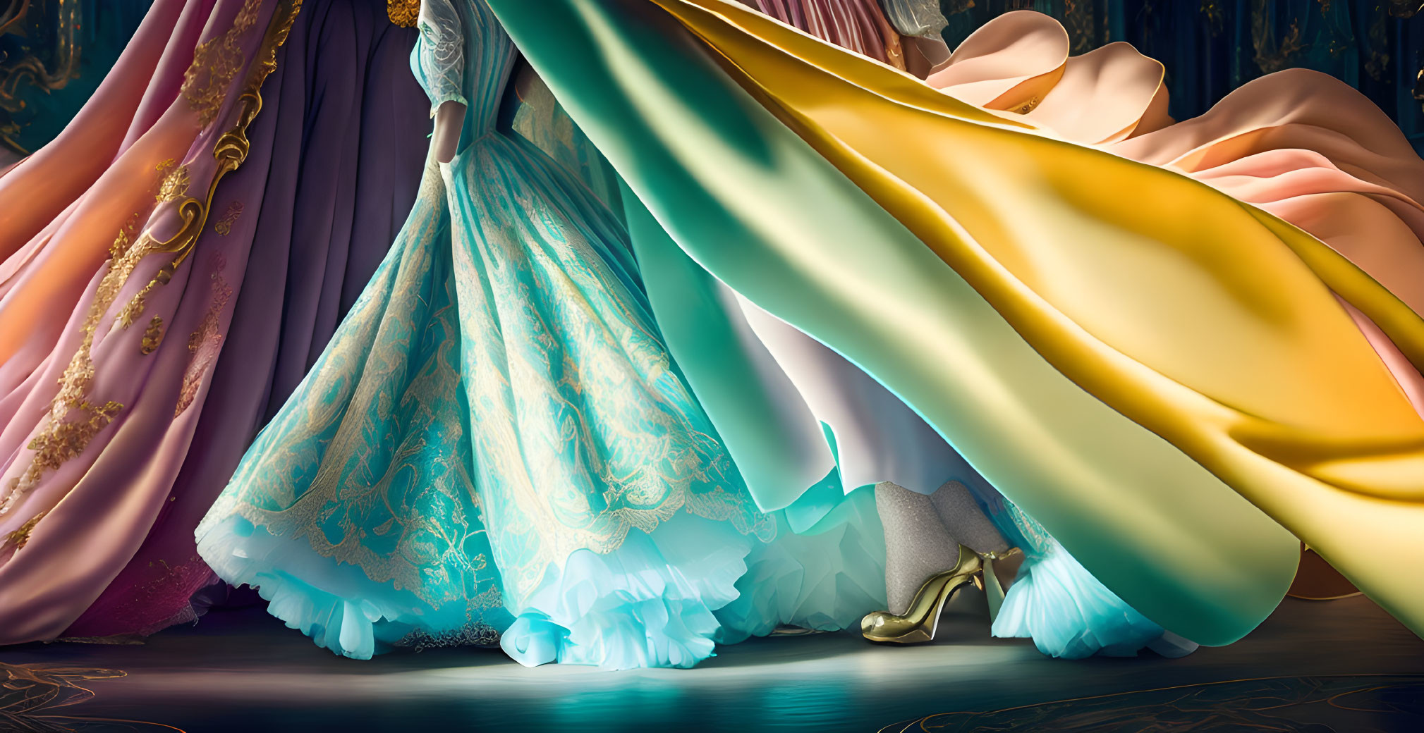 Colorful Ball Gowns Illustration with Shoe Detail