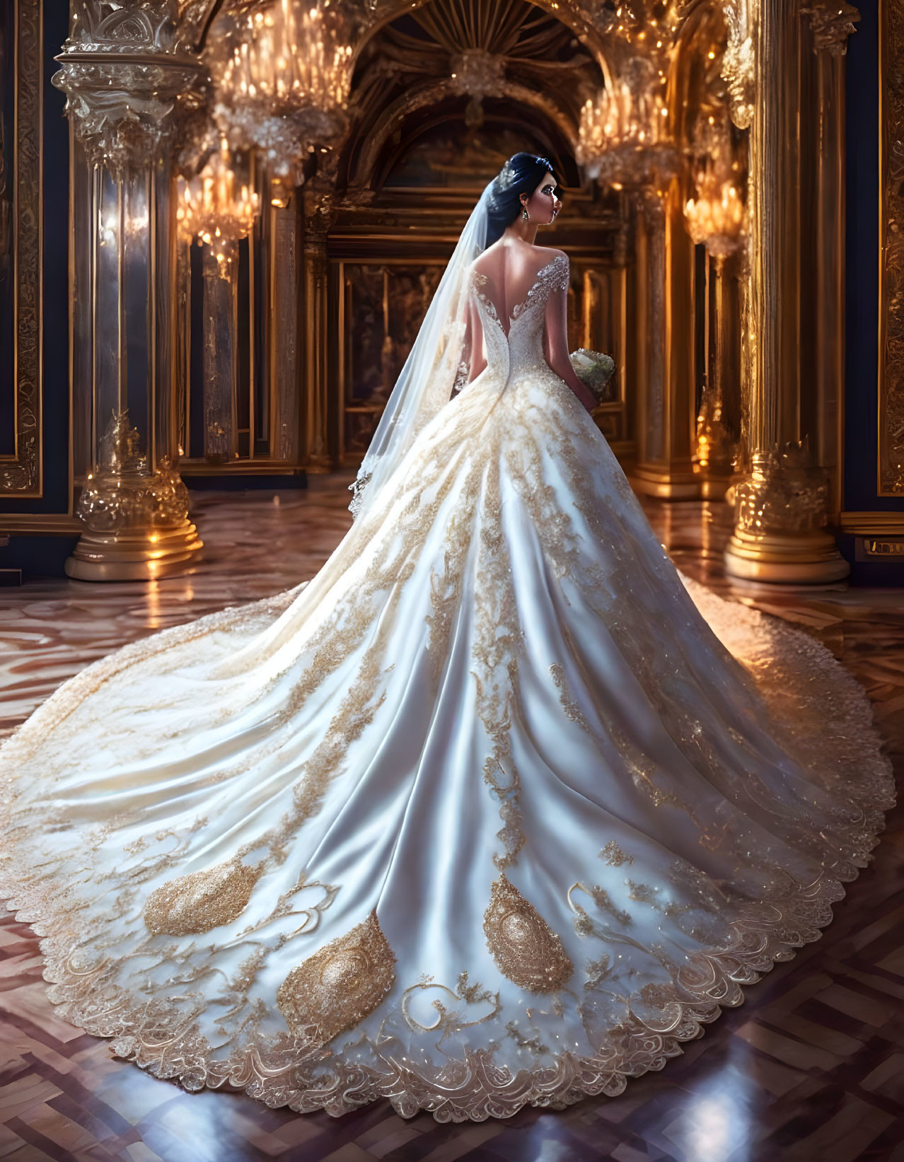 Bride in ornate gold-detailed gown in lavish chandeliered room