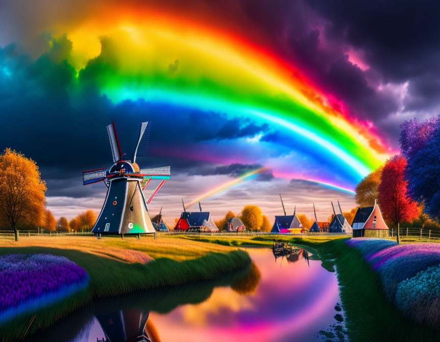 Colorful landscape with windmill, houses, rainbow, canal, and dramatic sky
