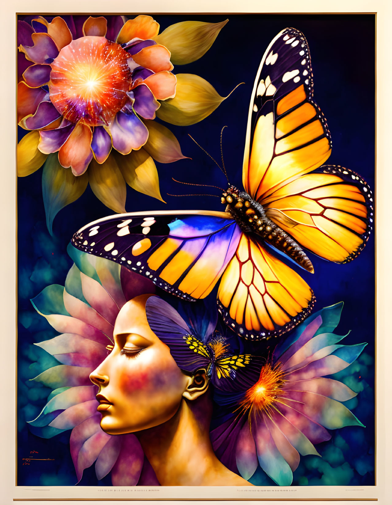 Colorful woman profile with butterfly and flowers on blue background