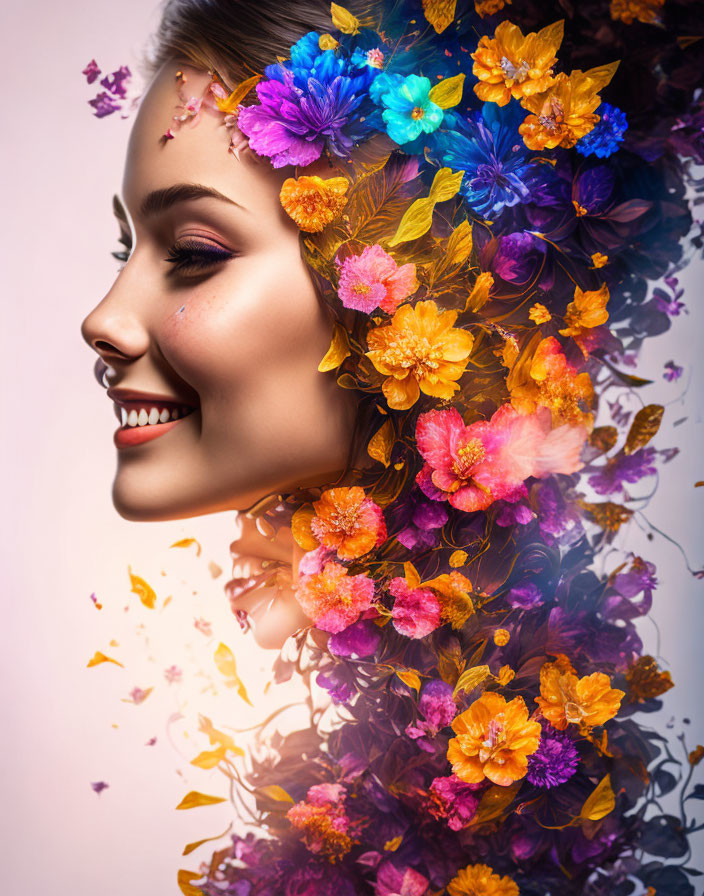Smiling woman with vibrant floral hair profile portrait