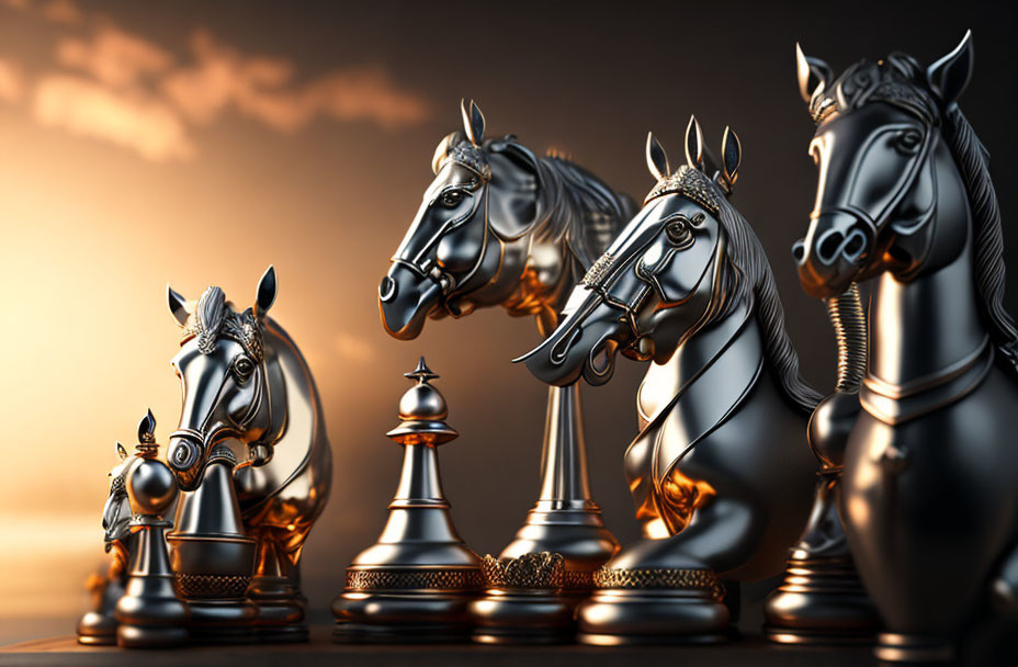 Metallic Finish Chess Pieces on Warm Glowing Background