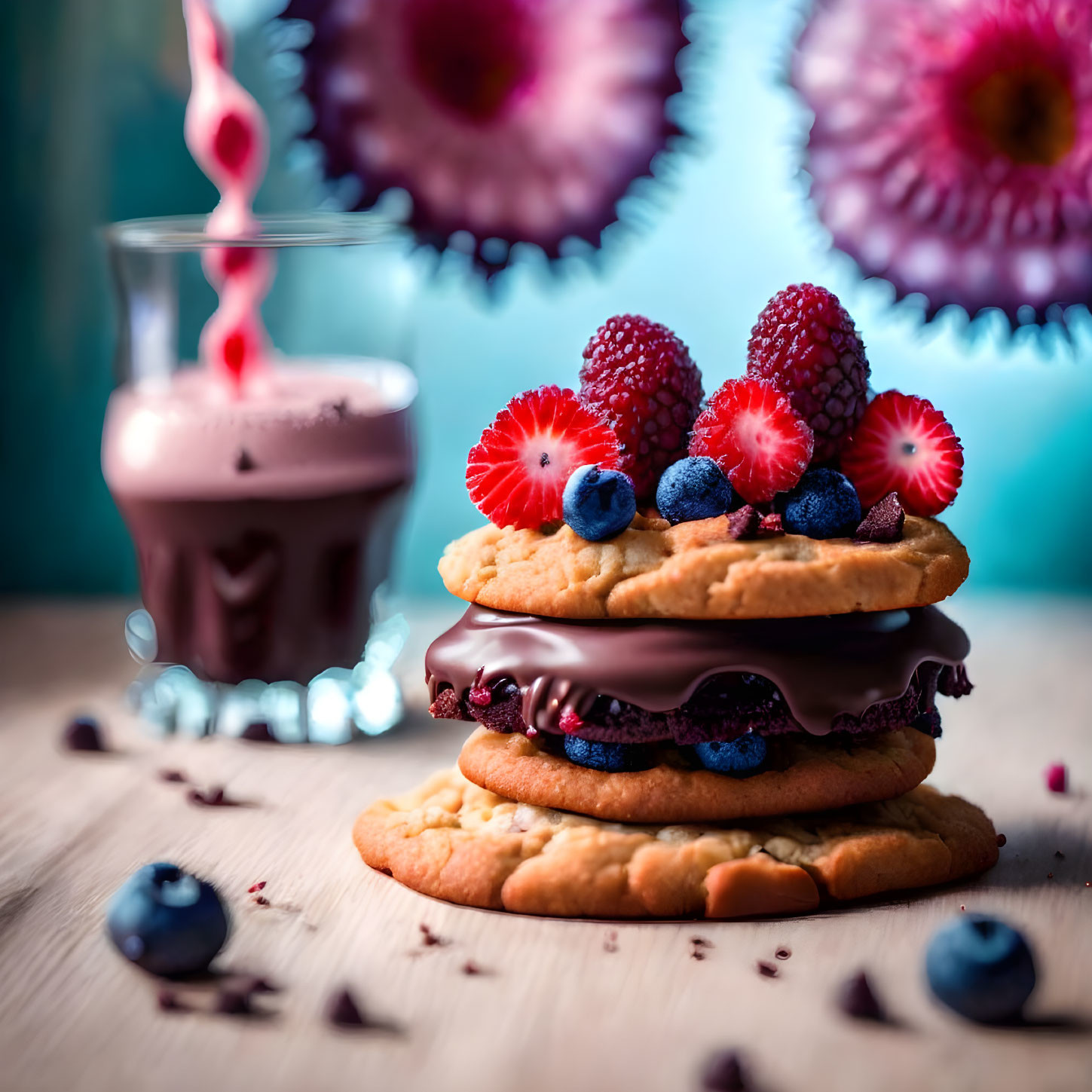 Decadent dessert scene with chocolate-coated biscuit and pink milkshake