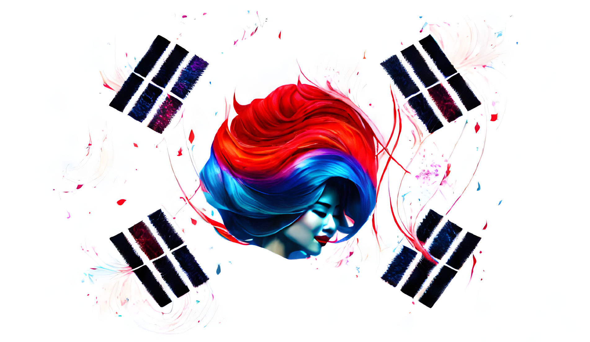 Vibrant digital artwork of woman with red and blue hair and abstract elements