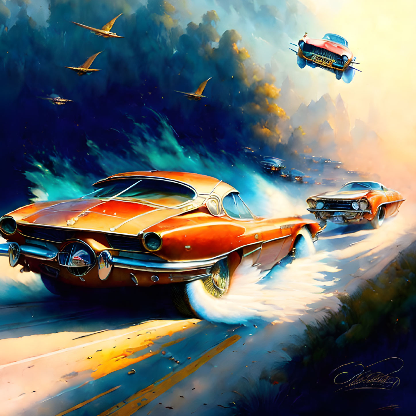 Vintage cars flying in retro-futuristic illustration over dreamy skyline