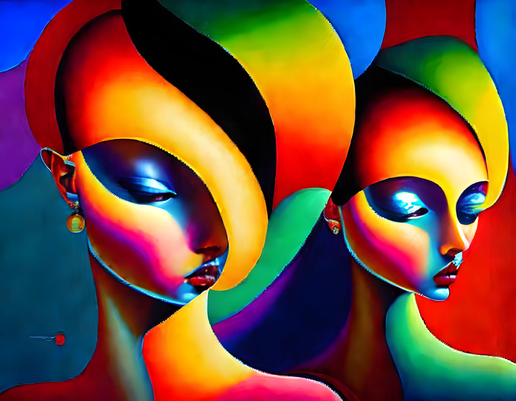 Colorful abstract painting: Two stylized female figures with swirling hair on blue background