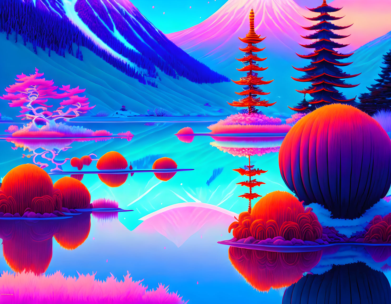 Colorful surreal landscape with neon trees, reflective waters, and snow-capped mountain.