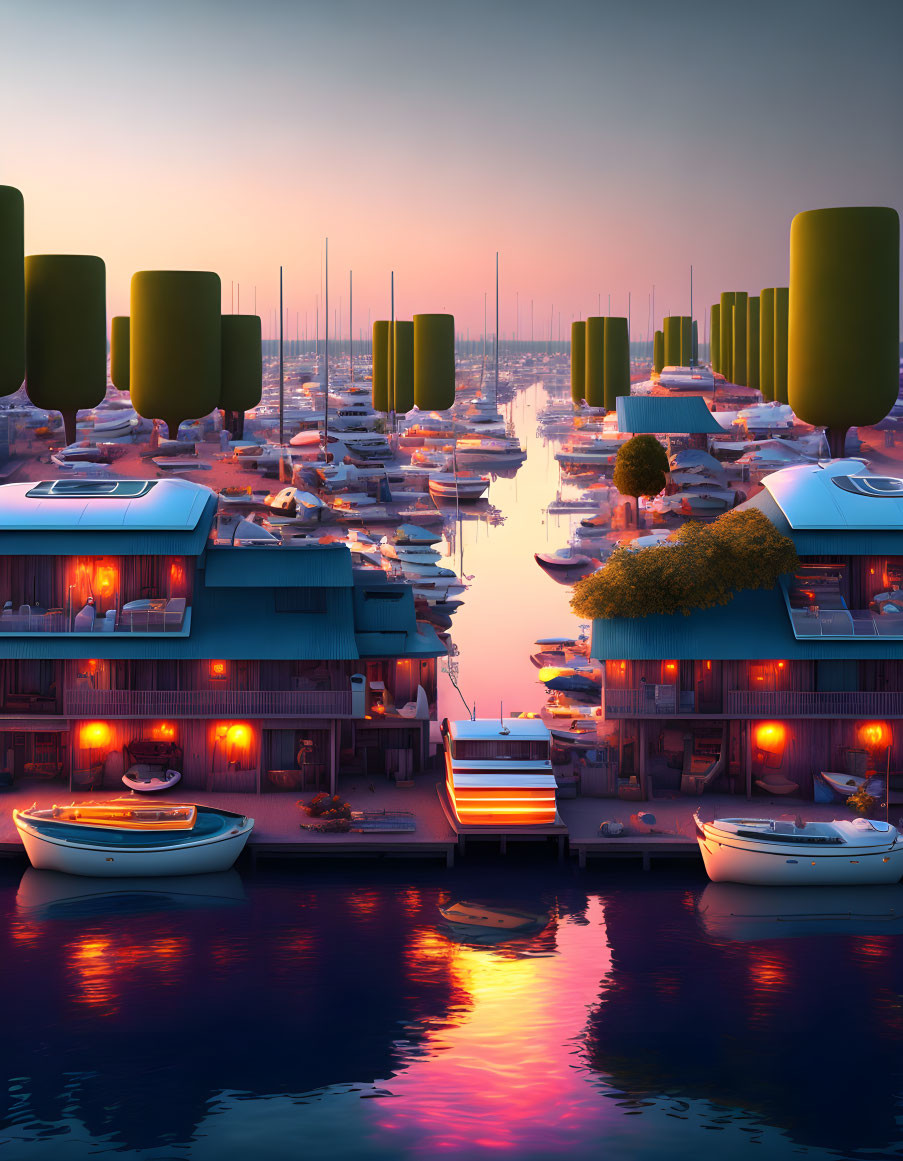 Sunset marina scene with modern houses, boats, and colorful sky reflections