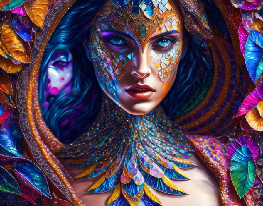 Colorful portrait of a woman with fantasy makeup and peacock feather-inspired adornments