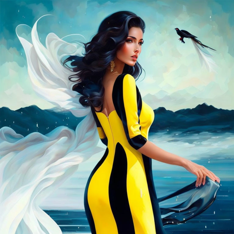 Stylized illustration of woman with white wings and bird in cloudy skies