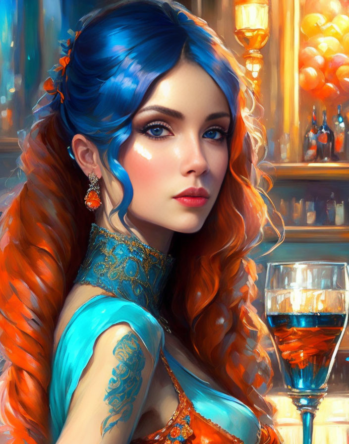 Vibrant blue and orange hair woman with turquoise attire and wine glass.
