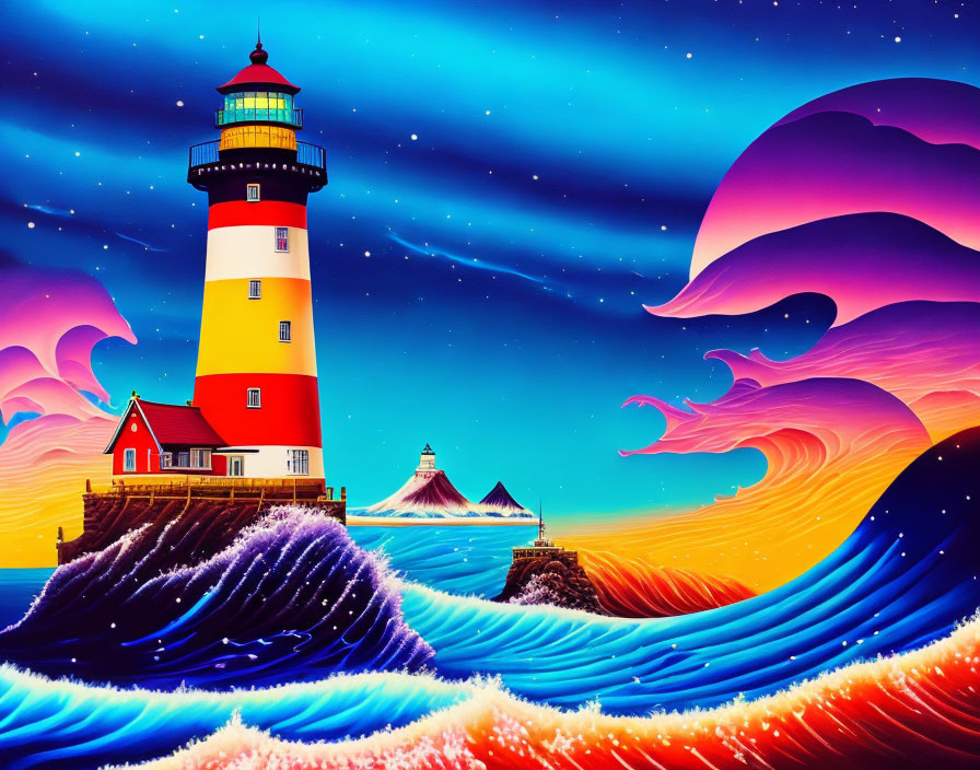 Colorful digital artwork of lighthouse on pier with waves and aurora sky