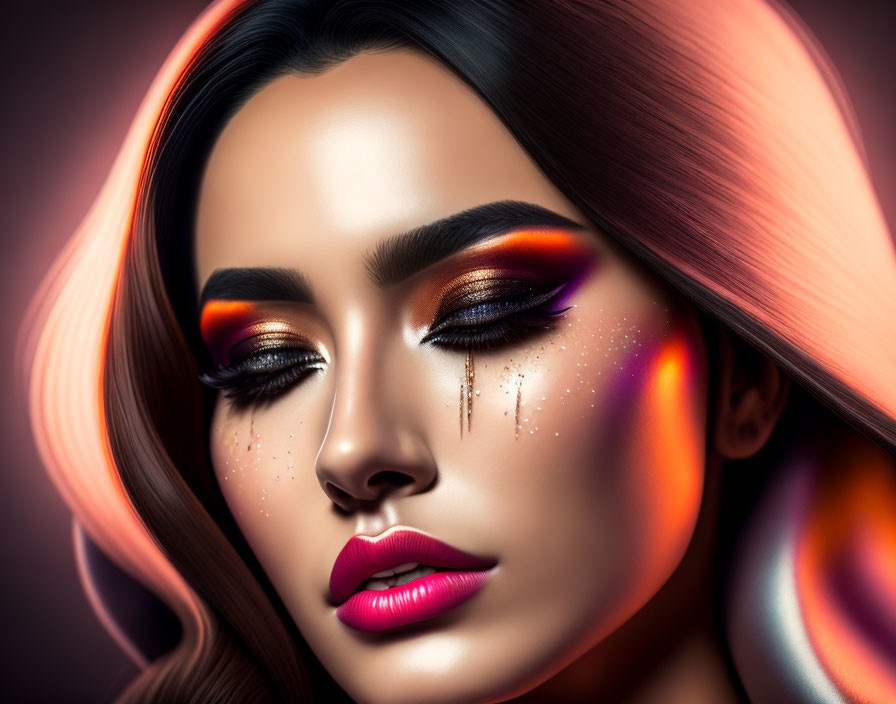 Colorful digital illustration of woman with dramatic makeup: orange eye shadow, highlighted cheeks, pink lips