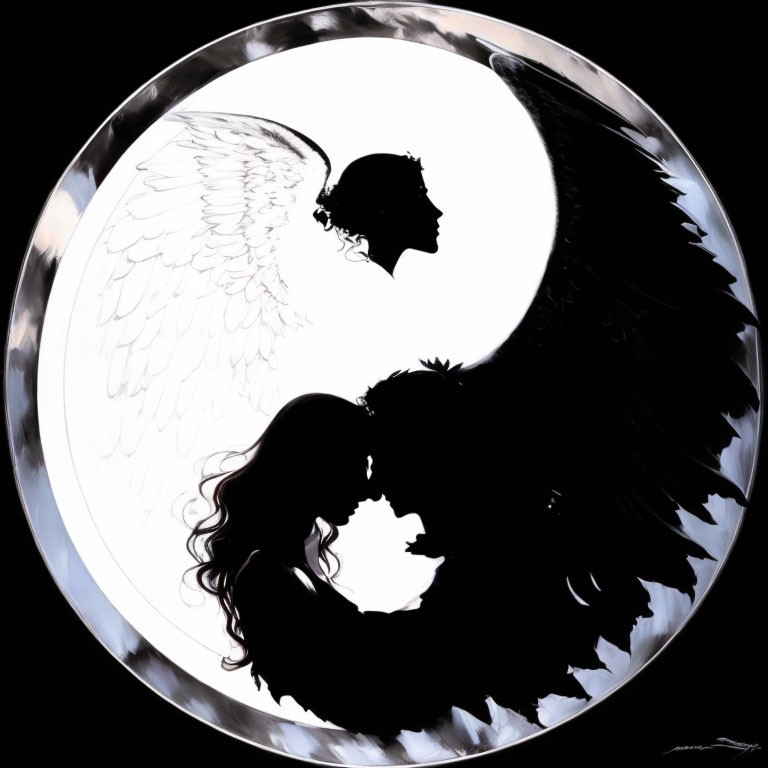 Silhouetted couple kissing in yin-yang circle with angel and demon wings