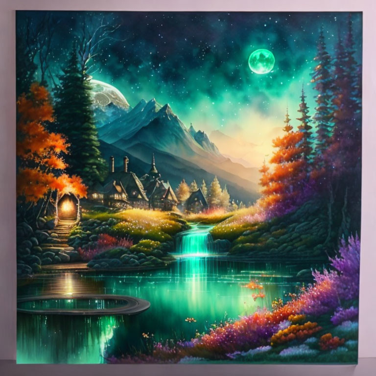 Colorful Trees, Glowing Moons, and Serene River in Fantasy Landscape