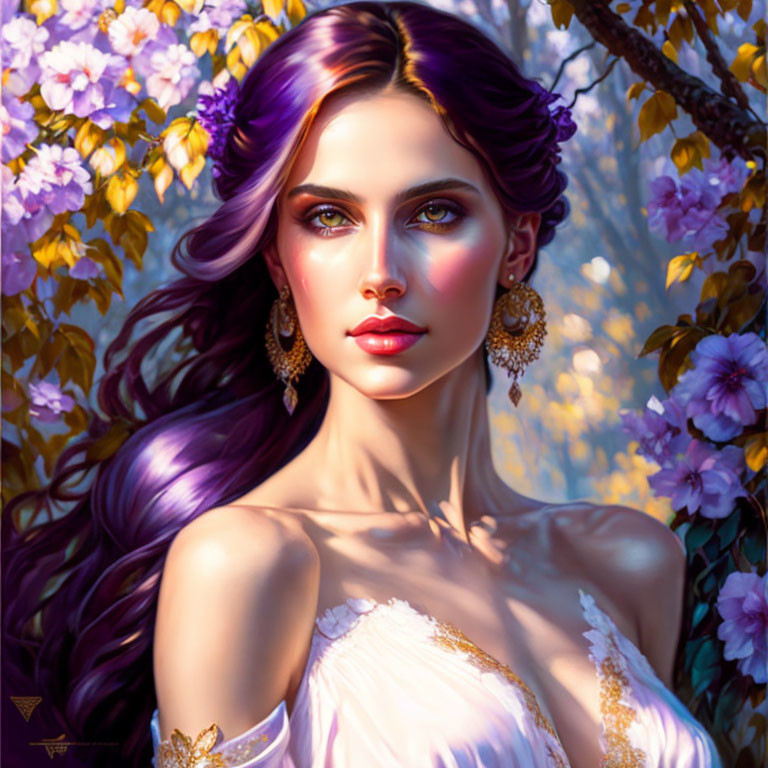 Digital artwork: Woman with purple hair, flowers, ethereal aura