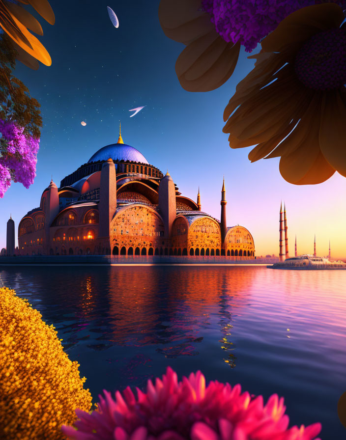 Fantastical sunset scene with Hagia Sophia, oversized flowers, stars, and floating islands.