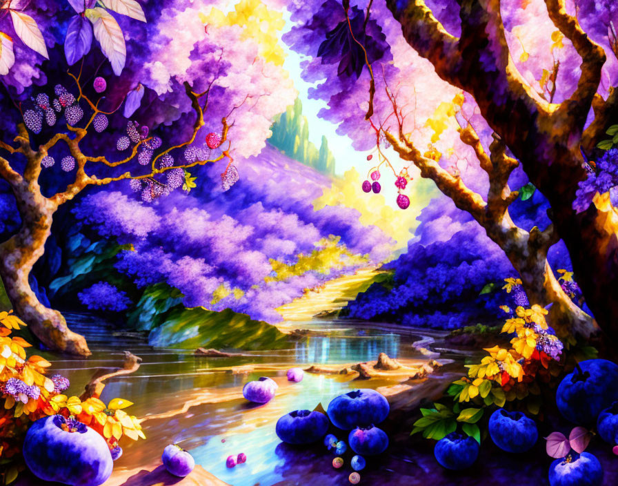 Colorful fantasy landscape with purple trees, lush foliage, and serene river