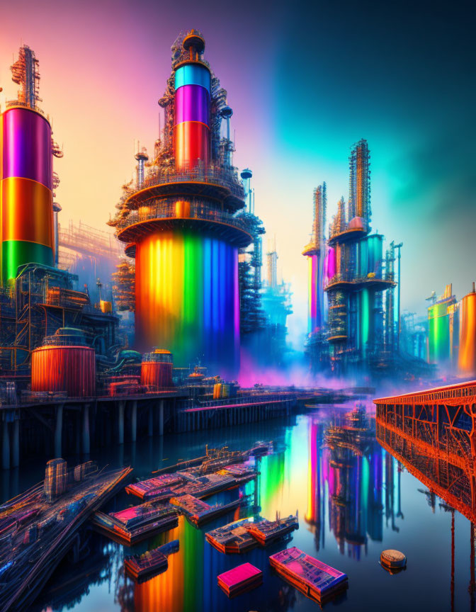 Vibrant multicolored lighting illuminates futuristic chemical plant