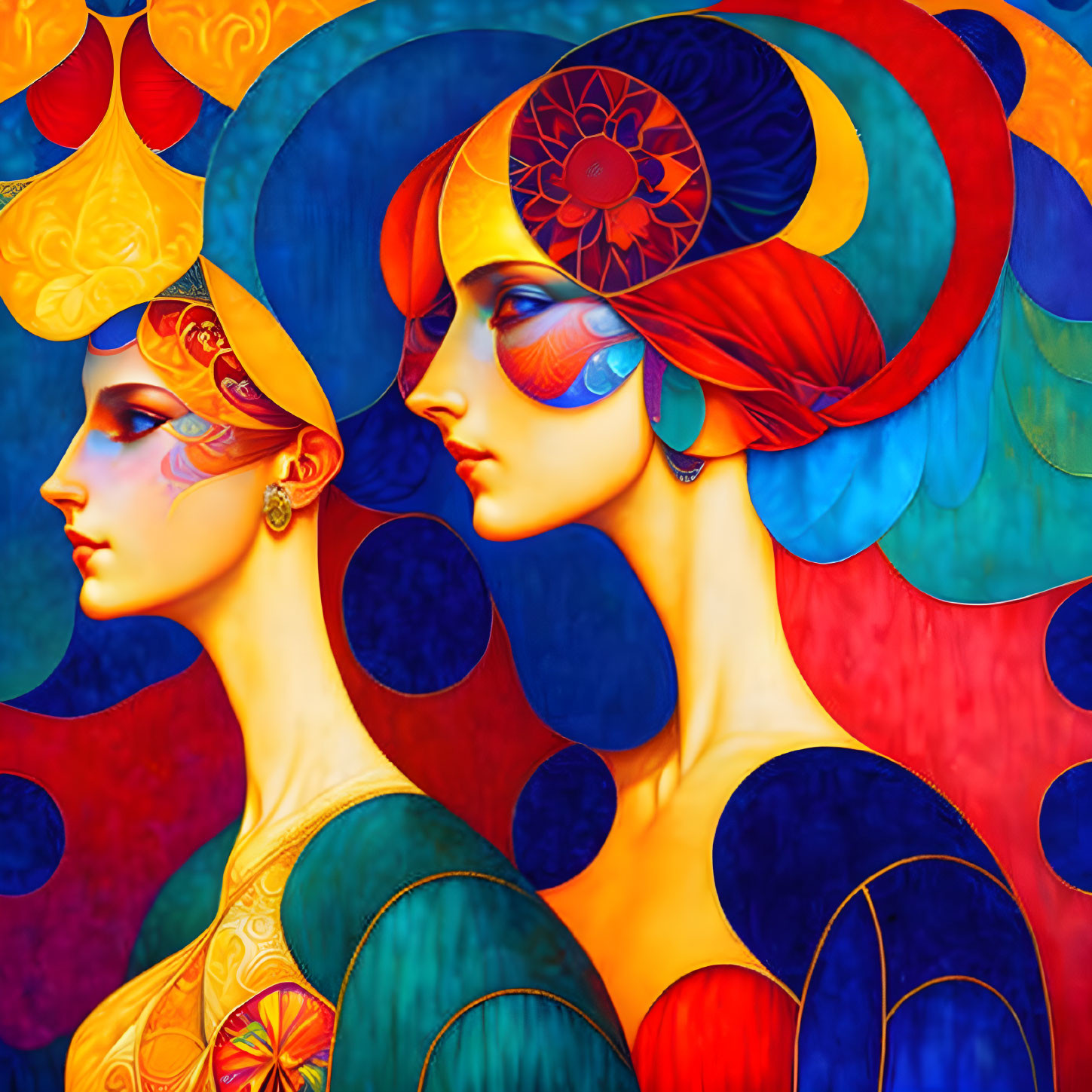 Colorful side profiles of two women with elaborate headdresses on patterned background